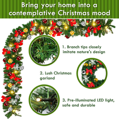 Cecaylie Pine Garland 5M, Christmas Garland green with 100 LED lights, Warm White, for indoor decoration fireplace staircase wall door outside, Artificial Pine Garland