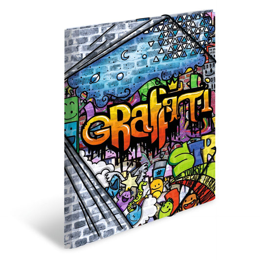 HERMA Collecting Folders A3 Graffiti Set, 3 pieces, Children's corner clip folders made of plastic with art motif, elastic closure, inner flaps, and inner print for boys and girls.