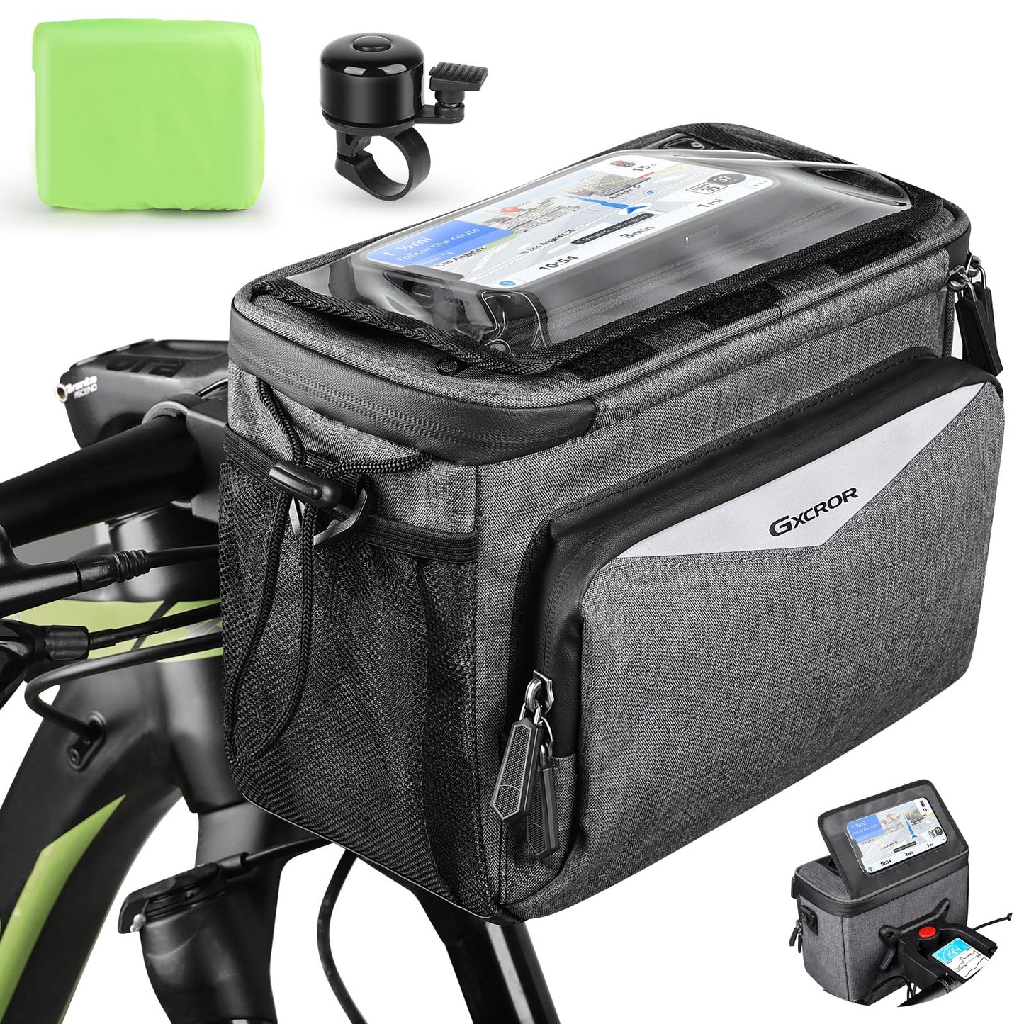 GXCROR handlebar bag for bike 5.5L Waterproof, with touchscreen phone holder & shoulder strap - Universal for e-bike, mountain bike, city bike.