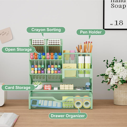 Marbrasse Mesh Desk Organizer, Multifunctional Pen Holder with Drawer, Storage Shelf for School Home Office Supplies (Green)