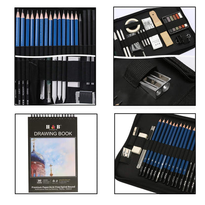 Cozii 51-piece charcoal pencil set includes graphite and color pencils, sketchbook, drawing supplies, and zippered carry case. Perfect for artists, adults.