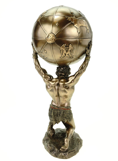 Atlas carries the world on his shoulders, bronze figure sculpture titan.