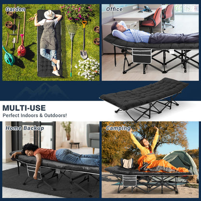 OVERMONT Folding Camp Bed with Mattress - Foldable Camping Cot 2PCS 190 x 71 x 36 cm - Holds up to 250kg - 2400D Oxford Fabric with Side Pocket Carrying Bag for Camping Garden Office Black