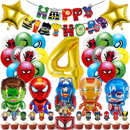 Superhero birthday decor for 4 years old, children's birthday decor, hero balloon birthday decor for boys, birthday cake decoration for themed party.