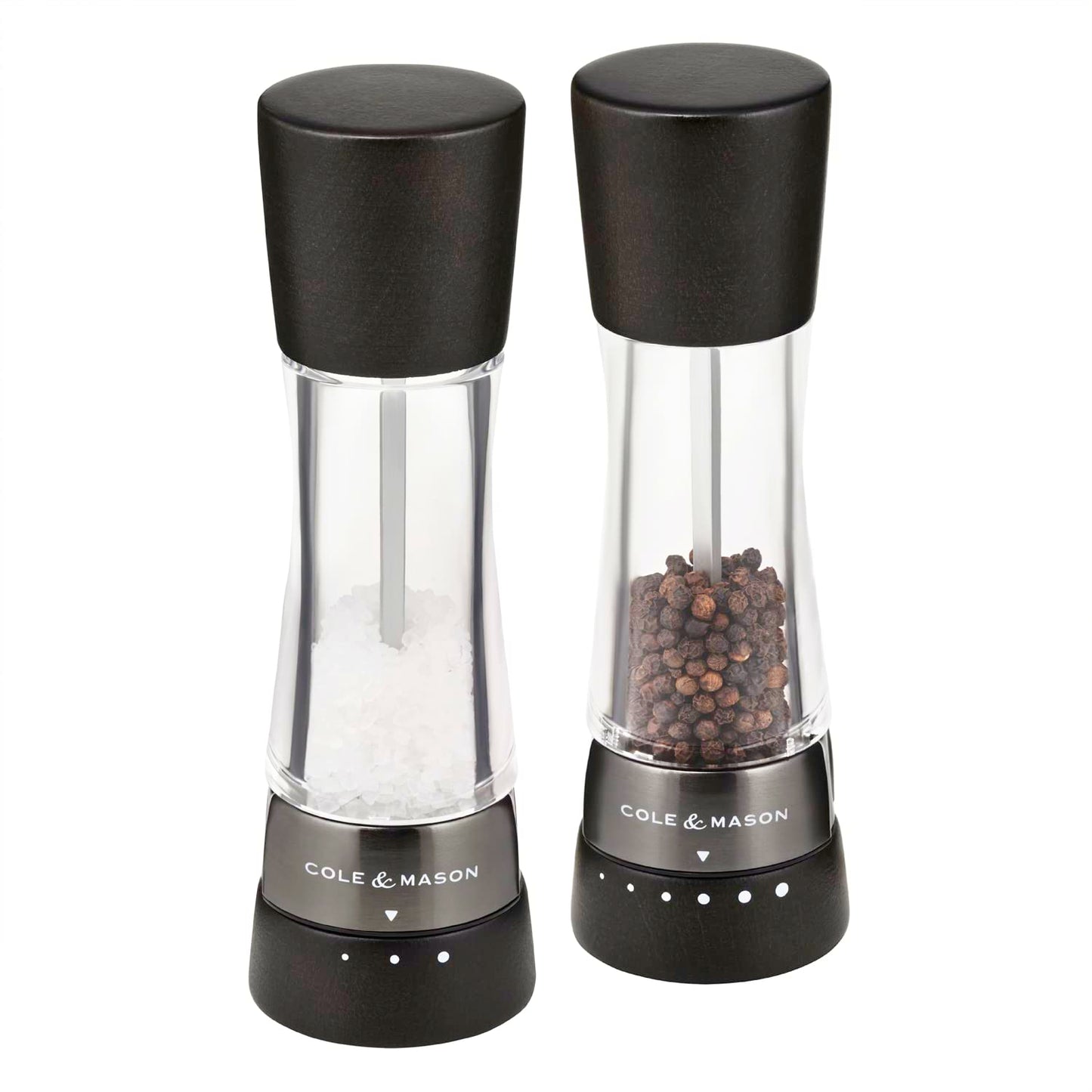 Cole & Mason Derwent Dark Wood Salt and Pepper Mill, Spice Grinder, 2-Piece Set Manual with Adjustable Ceramic Grinding Mechanism, Stainless Steel/Acrylic, 190mm, Precision+, Gift Set