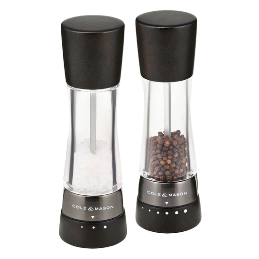 Cole & Mason Derwent Dark Wood Salt and Pepper Mill, Spice Grinder, 2-Piece Set Manual with Adjustable Ceramic Grinding Mechanism, Stainless Steel/Acrylic, 190mm, Precision+, Gift Set