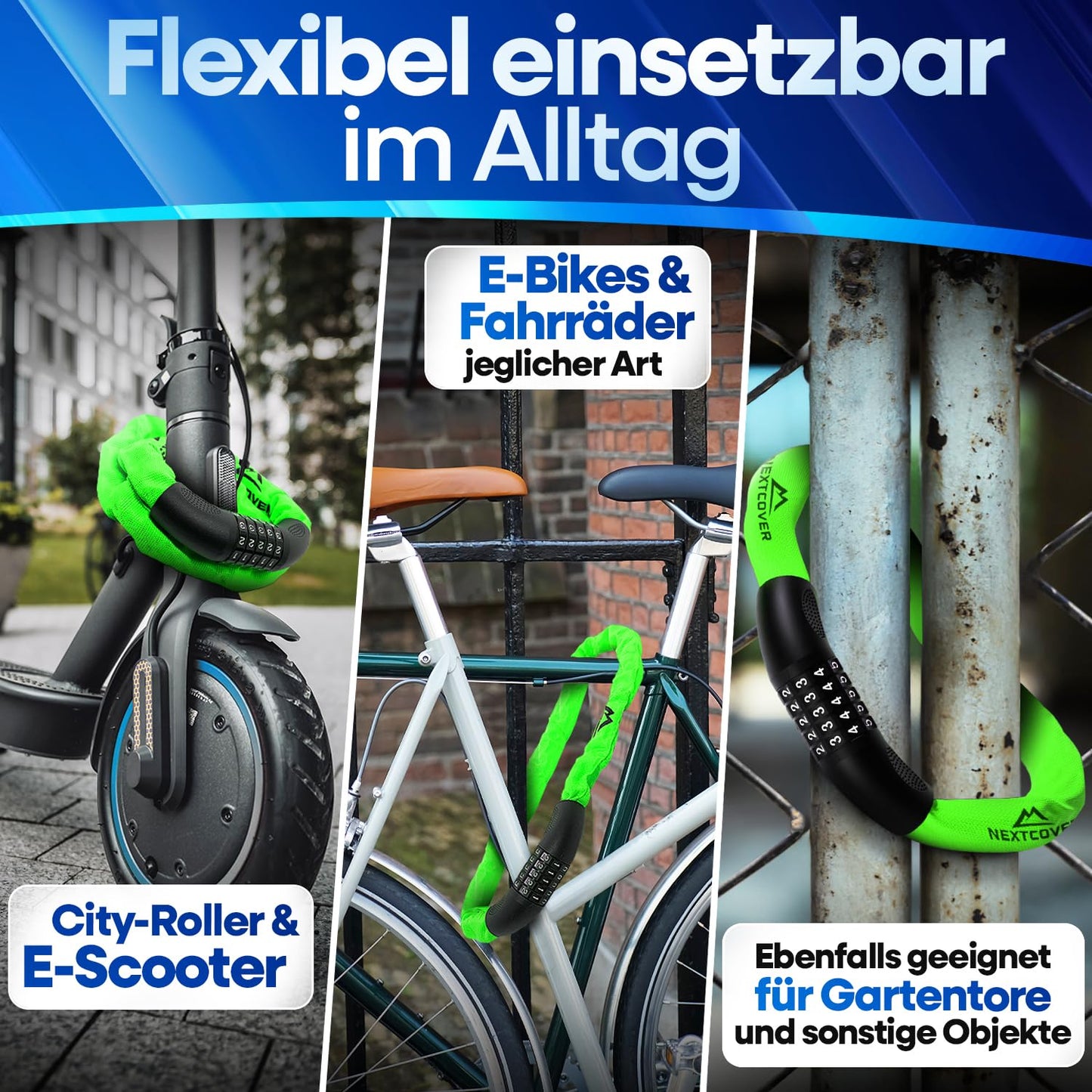 NEXTCOVER® Bike Lock with Combination - The Original - [SAFESECURE] high security I 5-digit combination code, bike chain lock steel I Lock for E-Bike I Chain lock