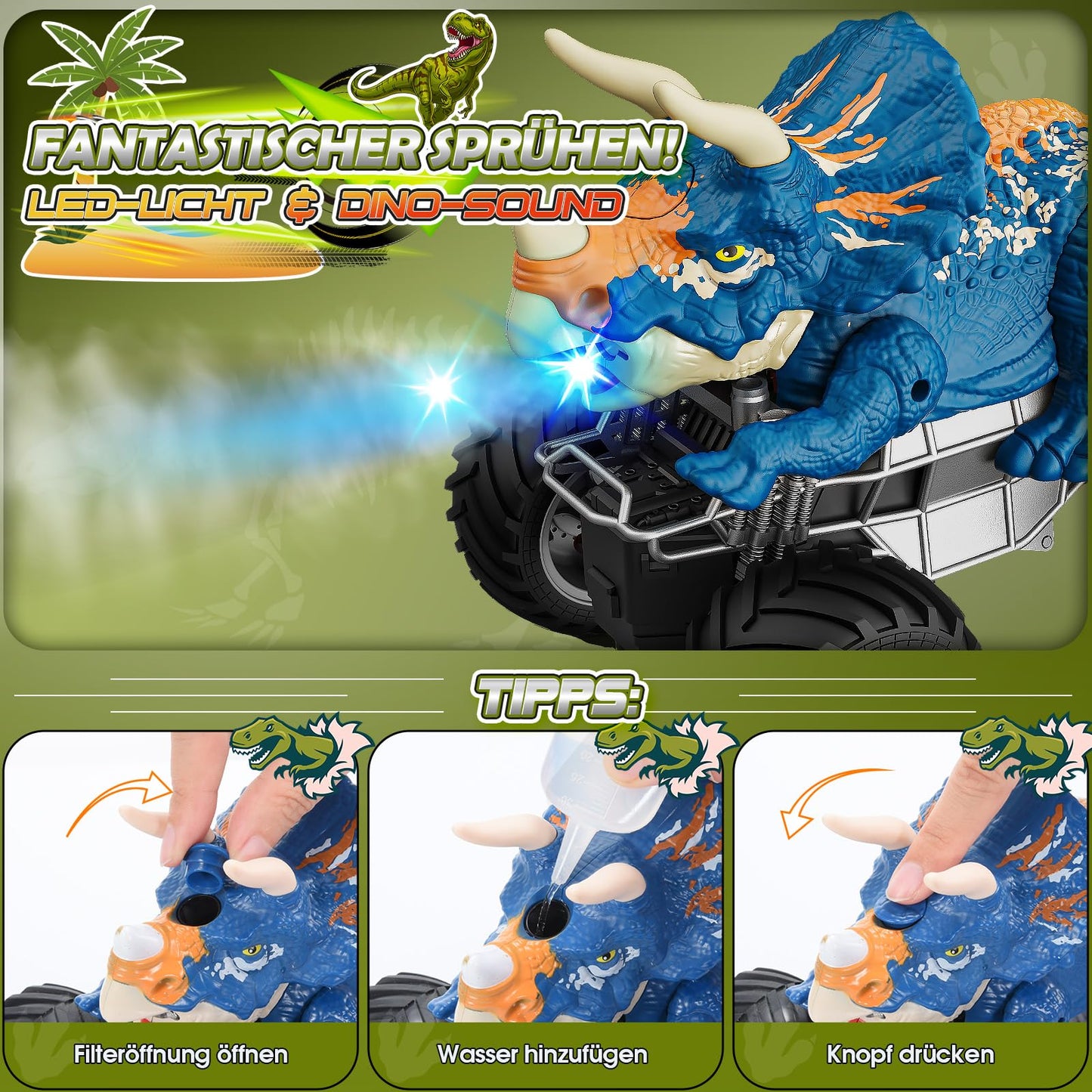 HappyGoLucky dinosaur toy for boys aged 3-10, monster truck RC car for ages 3-8 with mist spray, music, LED lights, outdoor Easter gift for kids.