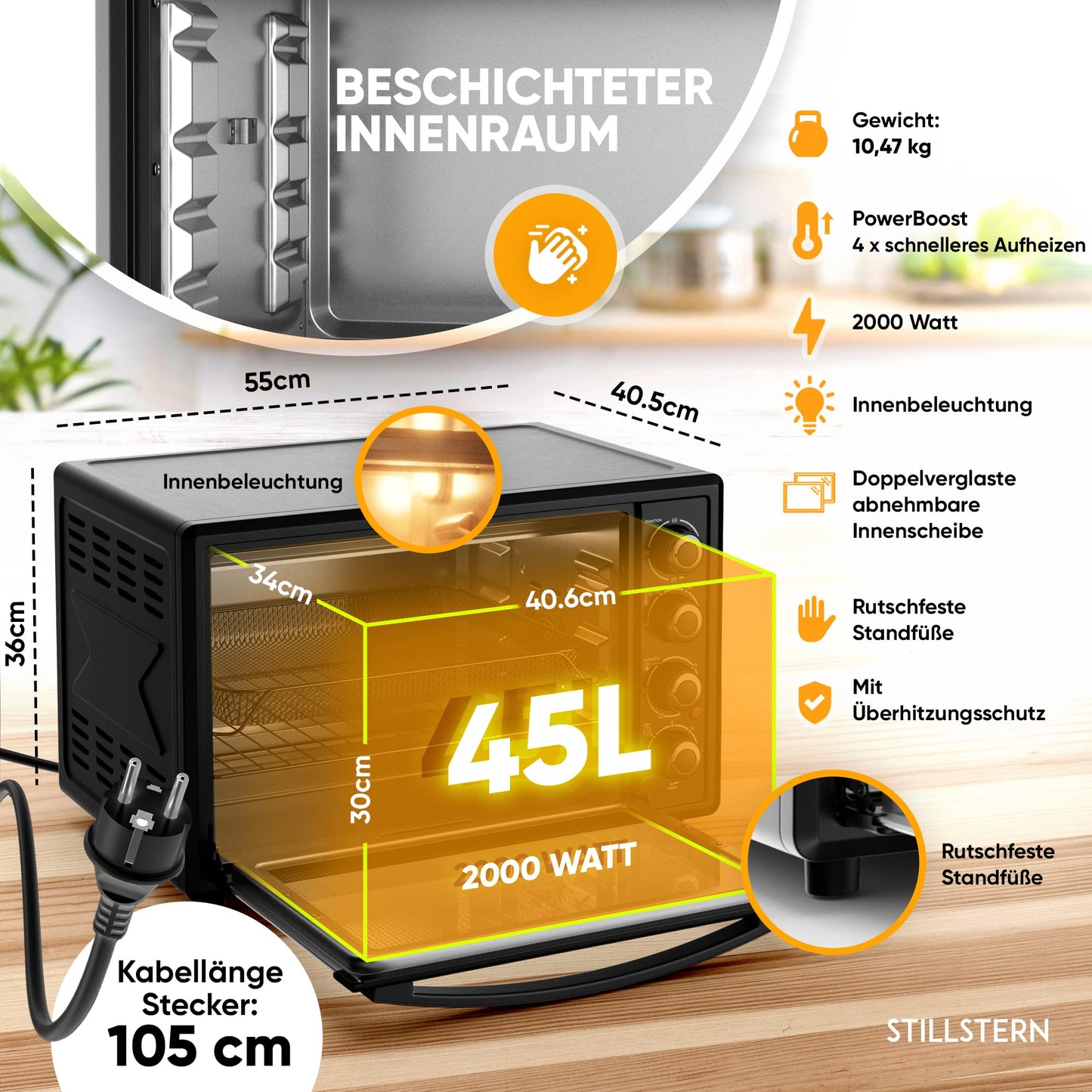 Stillstern Mini Convection Oven 45L (DE Version) Pizza Ø32, CYCLONE PRO+ non-stick coating, Defrost function, 2h timer, Camping Mini Convection Oven Pizza Oven Mini Oven small Rotisserie Chicken Grill with spit
