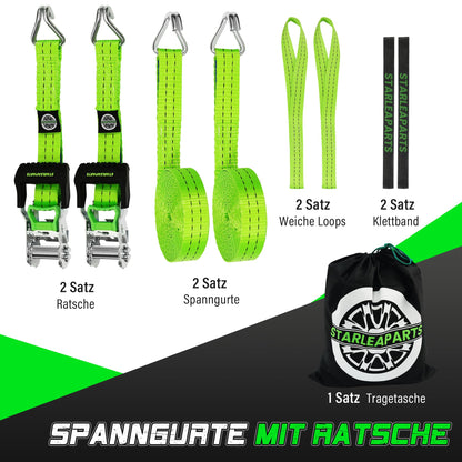 StarLeaparts 2-piece set ratchet tie-down straps, 6m x 35mm. Professional two-piece wheel straps, rated up to 2000kg. Ratcheting straps for car transport vehicle wheel security, Green.