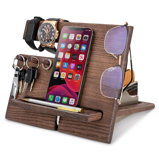 TESLYAR Desk Organizer Wood Ash Wenge - Phone Stand & Key Organizer with 3 Hooks for Office Storage & Organization - Wooden Gifts for Men Ideas