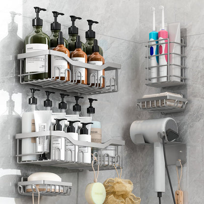 Rigors shower shelf without drilling, 6 pieces bathroom shelf with hairdryer holder and hooks, stainless steel shower caddy wall mounted, self-adhesive bathroom organizer for bath and kitchen Silver