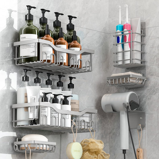 Rigors shower shelf without drilling, 6 pieces bathroom shelf with hairdryer holder and hooks, stainless steel shower caddy wall mounted, self-adhesive bathroom organizer for bath and kitchen Silver