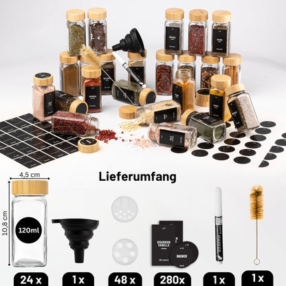 Deco House® 24-piece set of square spice jars with wooden lids [+ labels & sifter inserts] - Glass spice jar set - Spice container jars - Storage - Containers for spices - Spice storage.