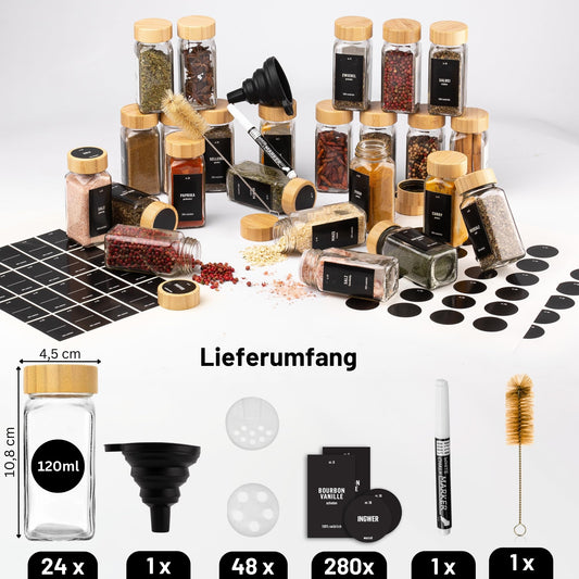 Deco House® 24-piece set of square spice jars with wooden lids [+ labels & sifter inserts] - Glass spice jar set - Spice container jars - Storage - Containers for spices - Spice storage.
