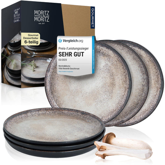Moritz & Moritz LIFE 6-Piece Dessert Plate Set Beige - Stylish Porcelain Breakfast Plates, Cake Plates for 6 People - Dishwasher and Microwave Safe