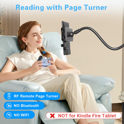 Kefotic swan neck holder for Kindle, for reading in bed, with remote page turner, hands-free desk, nightstand, lazy arm stand for Kindle accessories, gifts for readers.