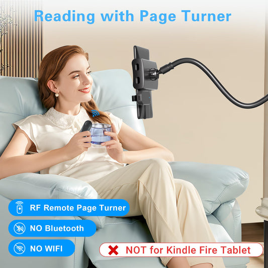 Kefotic swan neck holder for Kindle, for reading in bed, with remote page turner, hands-free desk, nightstand, lazy arm stand for Kindle accessories, gifts for readers.