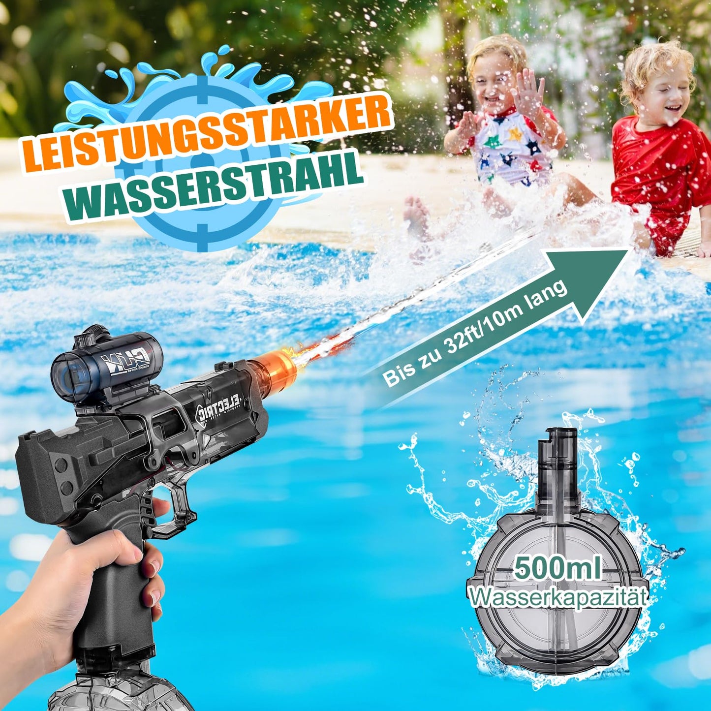 YOOHBERRYS Electric Water Gun, Electric Water Gun Large Capacity 500cc, Rechargeable Water Gun for Kids with Flash Effects, Automatic Water Gun for Pool, Beach, Garden (Grey)