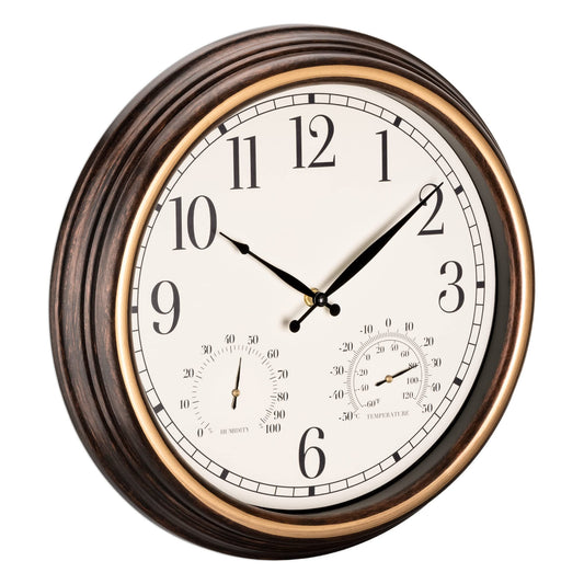 Navaris outdoor clock analog - with thermometer and hygrometer display - 38.1 x 5cm - round clock for hanging without ticking - decor garden wall clock