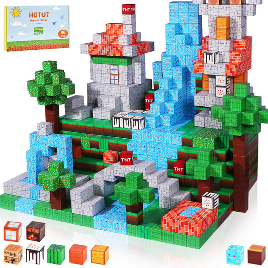 HOTUT Magnetic Building Blocks, 96 Pieces Magnetic Toy, Build Mine Magnetic World Set, Magnet Montessori Toy for Boys Girls