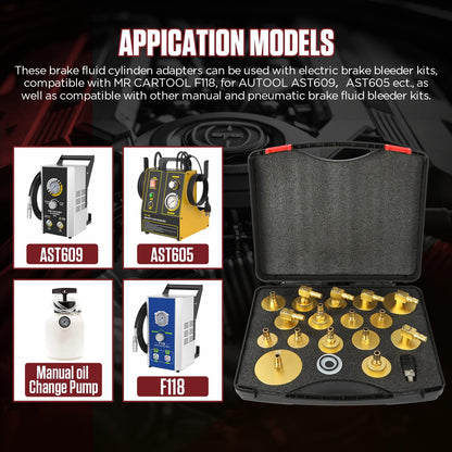 17-piece brake bleeding tool kit with quick adapter, metal brake bleeding adapters for vehicles, brake fluid reservoir adapter suitable for 90% of brake bleeding sets.