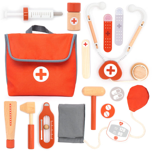 UMU® Mini Doctor Case Children's Play Set made of wood - with stethoscope, blood pressure monitor and more, doctor's case toy for role-playing, 14-piece medical kit for children aged 3, 4, 5 years.