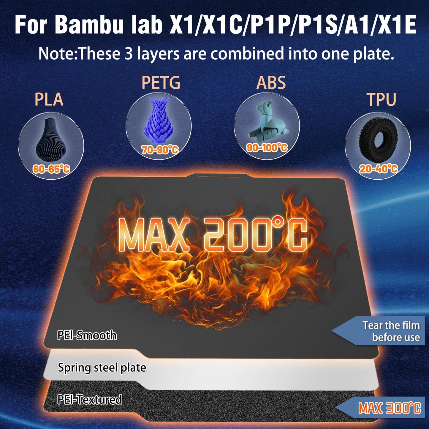 JUUPINE for Bambu Lab printing plate, black PEI print bed for Bambu Lab A1 X1C X1E P1P P1S X1, Bambu Lab filament carbon plate, smooth texture, 257 x 257 mm, for Bambu Lab 3D printer heating bed platform.
