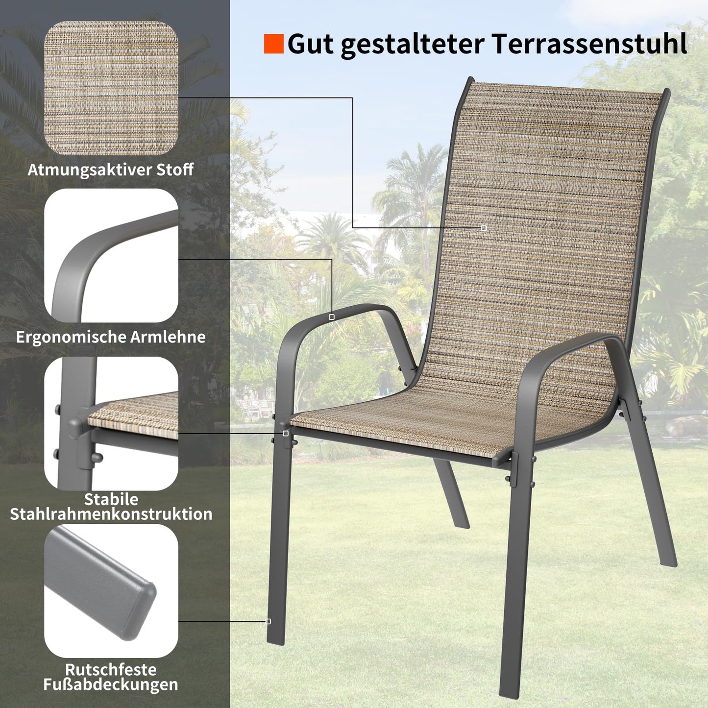 LIFERUN garden chairs stackable camping chair high back terrace chair textilene steel frame for gardens courtyards balconies restaurants 150 kg capacity 54 x 69 x 93cm (4pcs, flax brown)