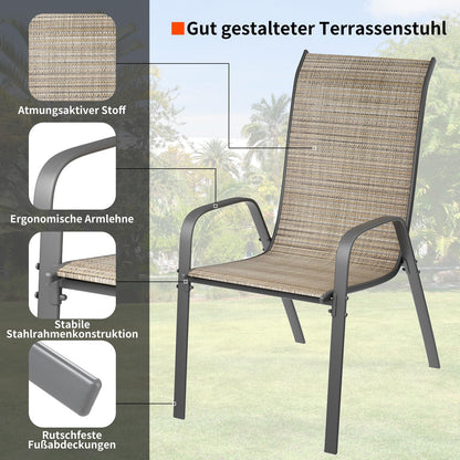 LIFERUN garden chairs stackable camping chair high back terrace chair textilene steel frame for gardens courtyards balconies restaurants 150 kg capacity 54 x 69 x 93cm (4pcs, flax brown)