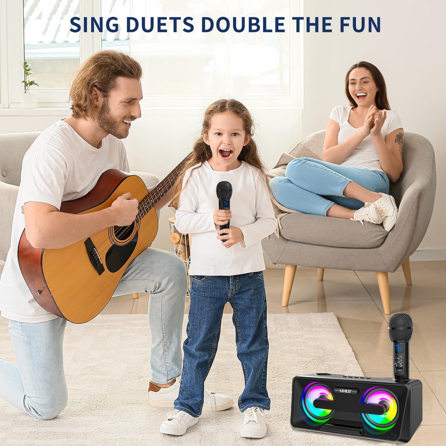 Karaoke Machine for adults and kids with 2 UHF wireless microphones, portable Bluetooth singing speaker, PA system with disco lights, cell phone holder for home, party, picnic (black)
