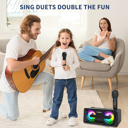 Karaoke Machine for adults and kids with 2 UHF wireless microphones, portable Bluetooth singing speaker, PA system with disco lights, cell phone holder for home, party, picnic (black)