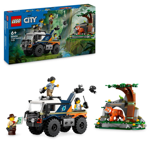 LEGO City Jungle Explorer Truck, construction and playset for kids aged 6 and up, cool birthday gift, truck toy with 3 adventurer minifigures and tiger 60426.