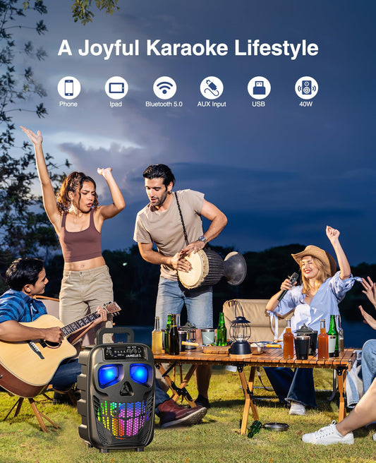 JAMELO Karaoke Portable Systems with 2 Microphones, Bluetooth Speaker with Light Effects, PA System Supports USB/AUX, for Kids/Adults, Karaoke Machine for Parties/Weddings/KTV/Church.