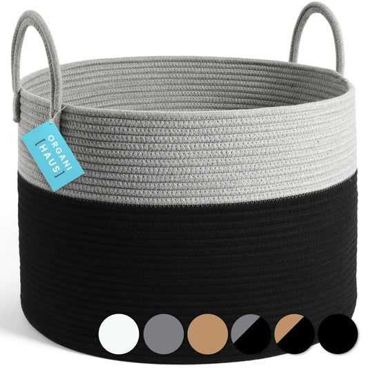 OrganiHaus Large woven storage basket made of cotton with handles, toy basket for kids' room, laundry basket for blankets, pillows, clothes, handwoven basket for living room - 50x33 cm, Black/Gray