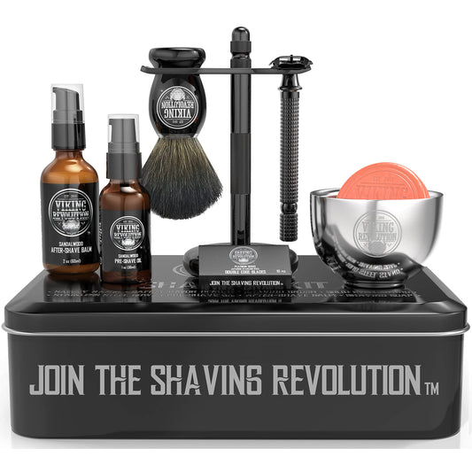 Viking Revolution - Luxury Shaving Kit for Men - Safety Razor with Double Edge, Stand, Bowl, After-Shave Balm, Pre-Shave Oil, Badger Brush, Men's Razor - Gifts for Men