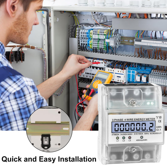 Judavry 3-phase power meter, DIN rail three-phase four-wire power meter digital 230/400V 5-100A electricity meter LCD energy meter for DIN rail sub-metering electricity.