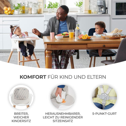 Children's high chair SIENNA 2 in 1, toddler high chair, baby chair, combination high chair, wooden legs, 5-point harness, footrest, removable tray, non-slip chair leg caps, for ages 6 months to 4 years, gray.