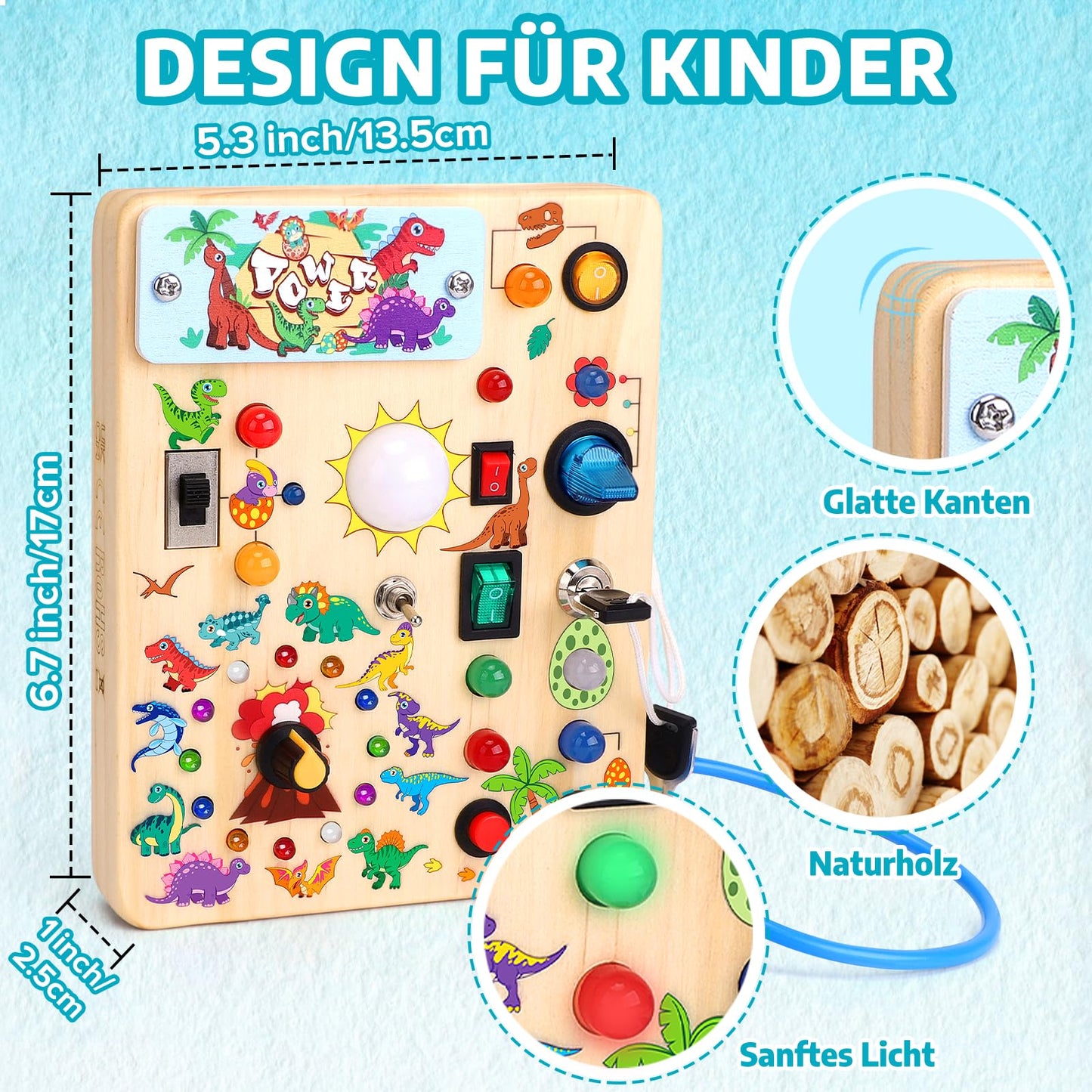 Hello Dinosaur Montessori Toy for ages 1 Busy Board Activity Board Toy for ages 2 Wooden toy with 10 switches 23 LED lights Sensory Learning Toys for 1 2 3 year old boys