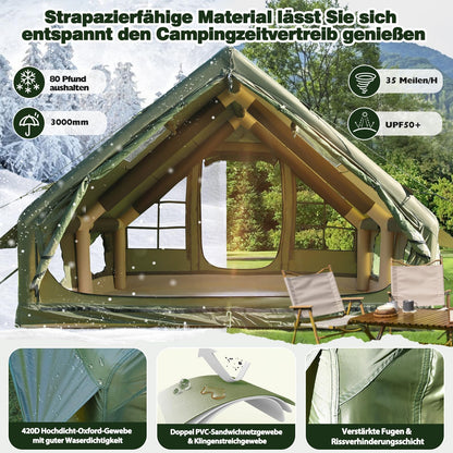 Inflatable camping tent, 420D Oxford Glamping Inflatable tent for camping with fireplace opening & roof window, 4 Season Windproof Anti-UV Oxford Cabin tent with mesh windows & doors for 6-12 people.