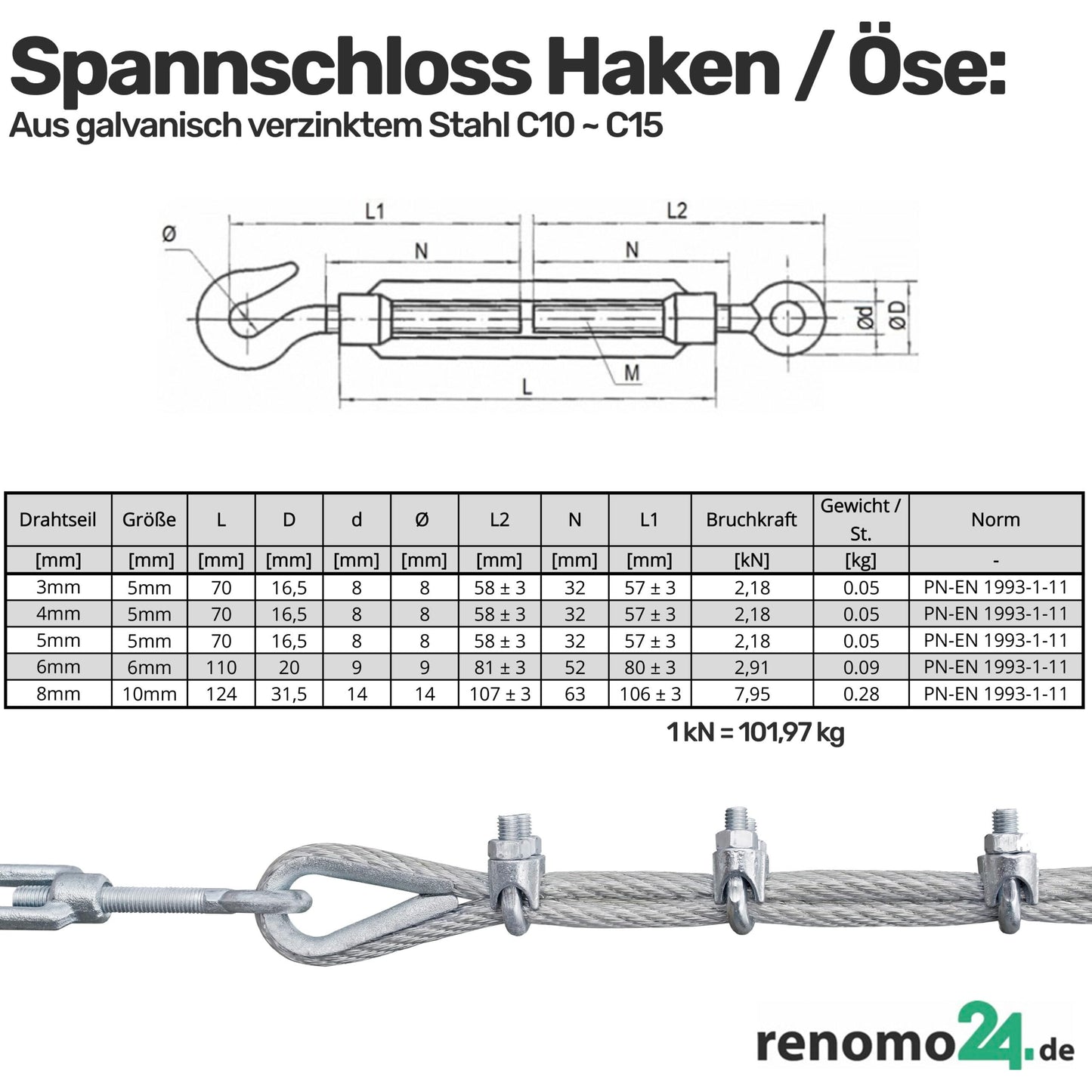 Renomo24 Wire Rope Set 6 - Steel Cable 200m 5mm 6x7 galvanized, 4x Turnbuckle Hook/Eye, 16x Wire Rope Clamps, 16x Thimbles