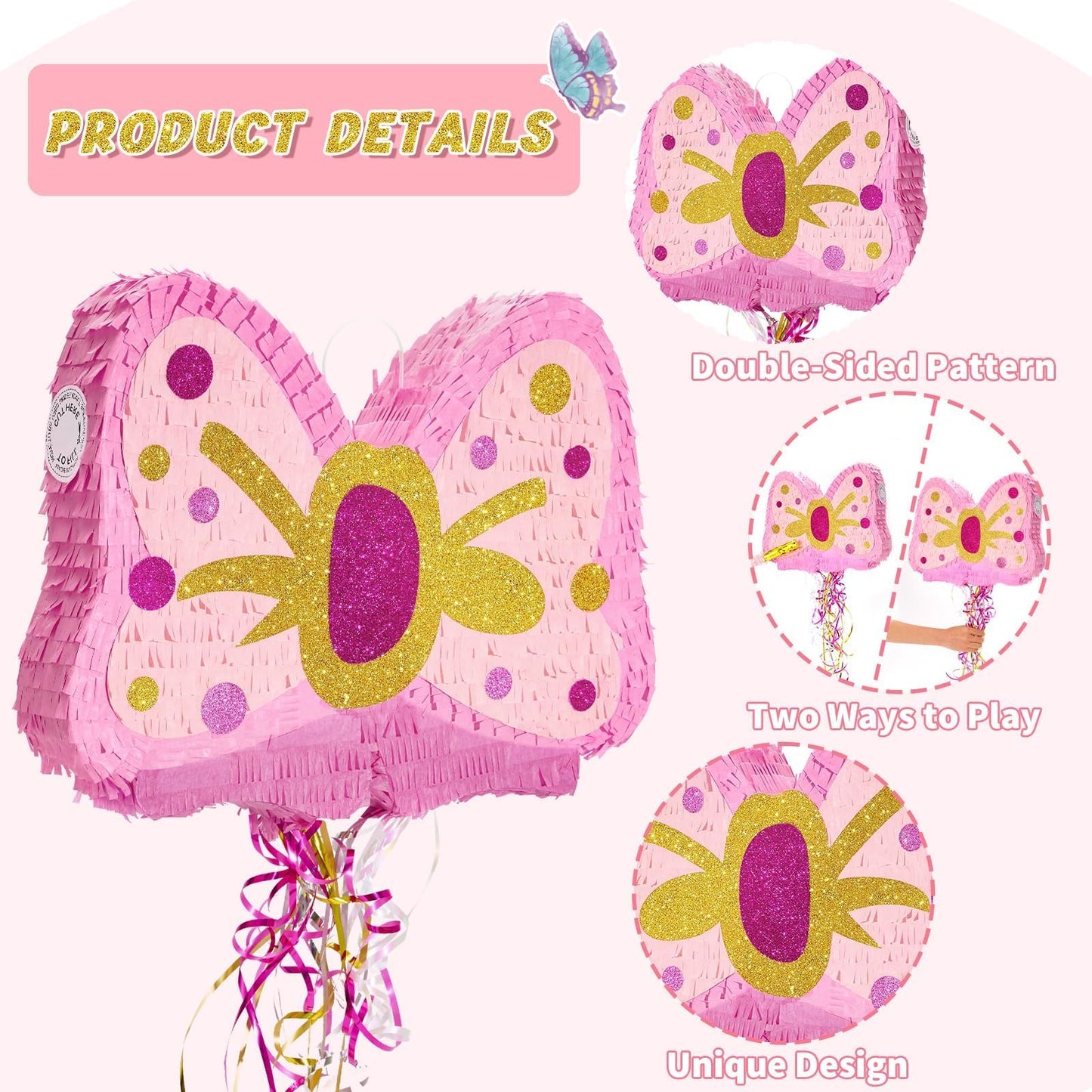 WERNNSAI Fly Piñata - Pink glitter fly piñata birthday party decor for girls kids piñata with stick and blindfold birthday party decor piñata with pull string accessories with princess theme