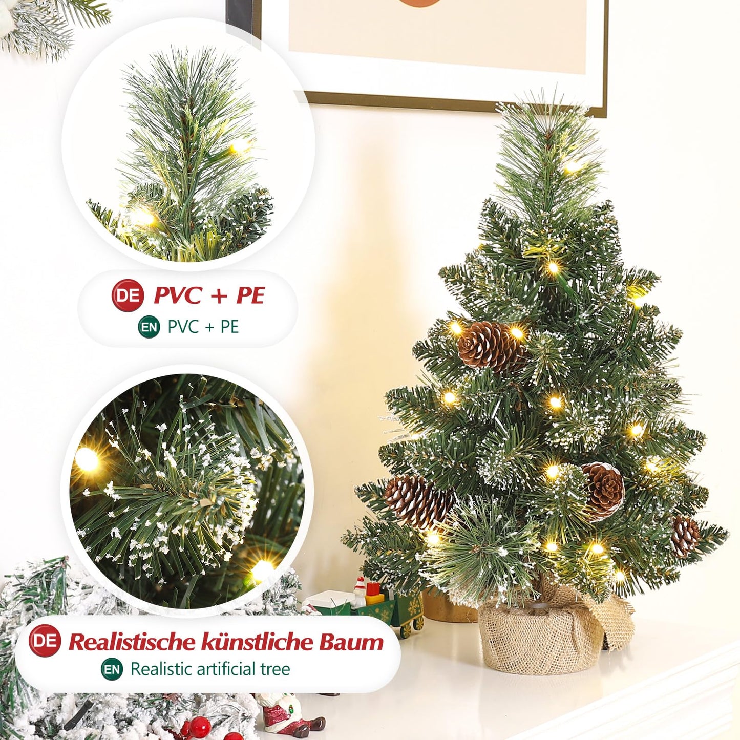 Yorbay Mini Christmas tree with LED lighting and white snow, 40cm pine tree with star tree topper and real pine cone, for Christmas decoration, Advent.