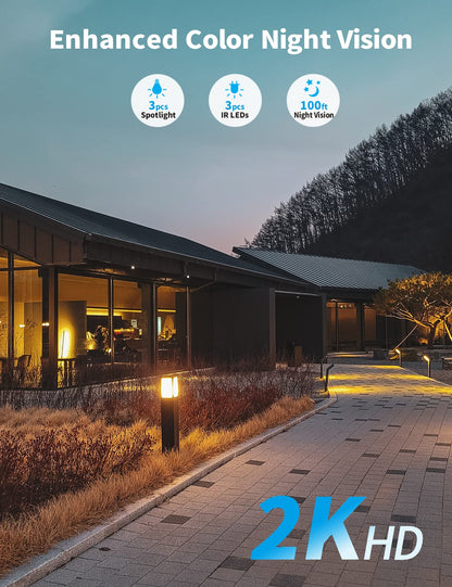 2K WiFi surveillance camera set with two-way audio, 5MP 10CH wireless NVR, 8x3MP wireless outdoor cameras, PIR motion detection, waterproof, spotlight warning, works with Alexa, 2TB storage.