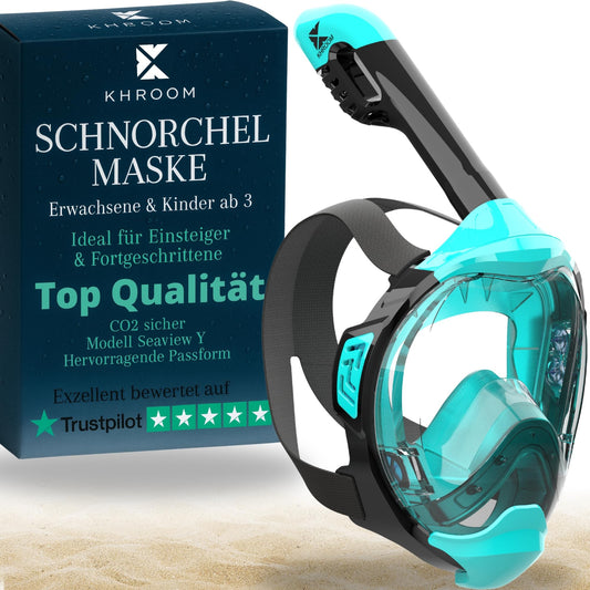 Khroom snorkel mask for adults & kids 3+ years | CO2 safe | full face mask with easy-breath system | snorkeling set alternative | Seaview Y diving mask for adults/kids (L/XL turquoise)