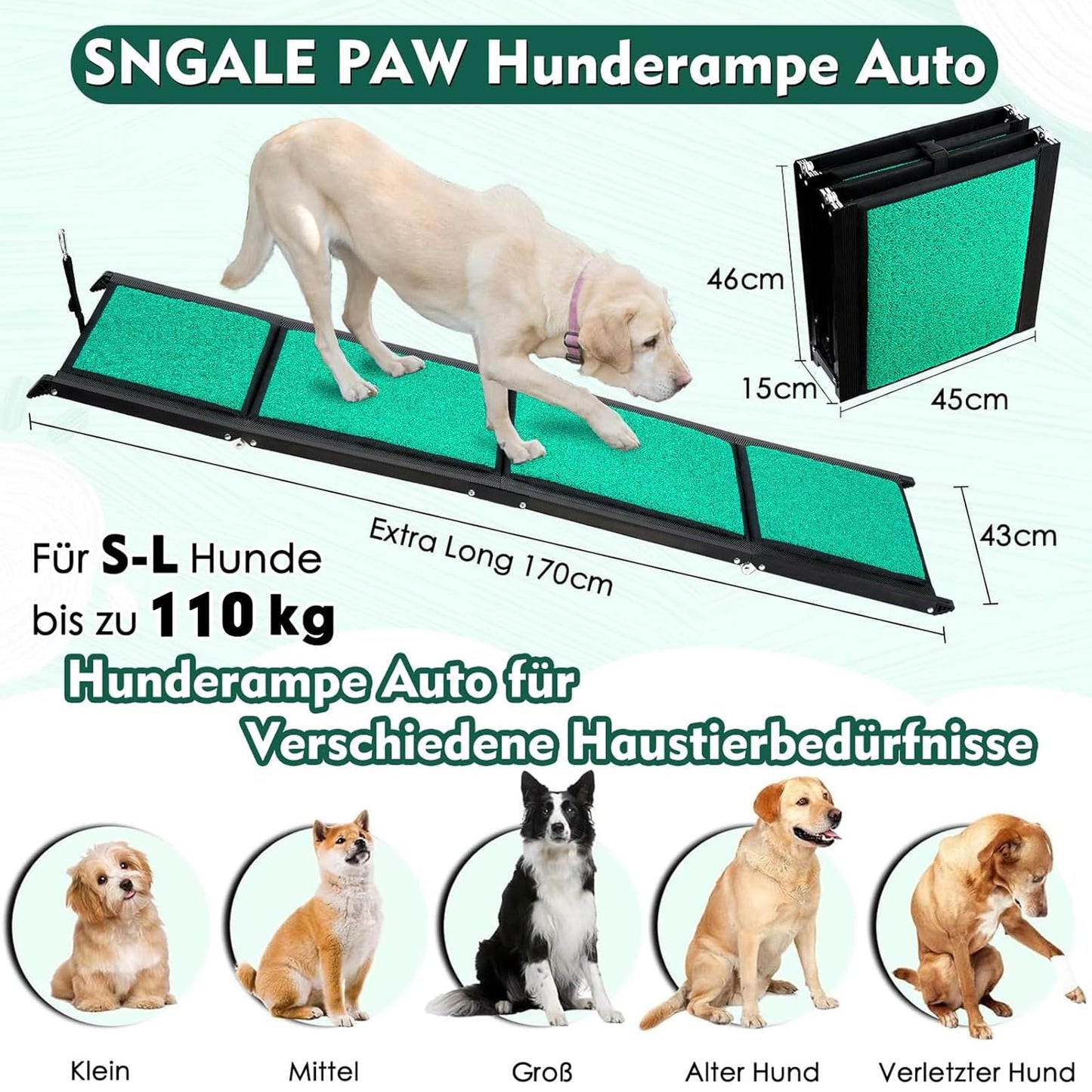 170cm dog ramp, foldable dog ramp for cars with non-slip carpet surface, dog stairs for SUVs, trucks & outdoor stairs, portable & durable dog ramp for large dogs up to 110kg.