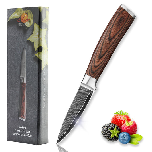 Wakoli EDIB Damascus knife vegetable knife 8.5cm - Sharp office & peeling knife made of 67 layers of Damascus steel with VG10 core and Pakkawood handle - Small kitchen knife for vegetables & fruits - Gift idea