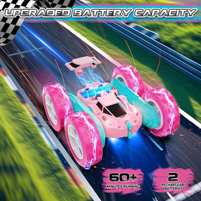 Cosone Remote Control Car for Girls, All-wheel Off-road Stunt RC Car with Headlights, Double-sided 360° Rotating Toy, Gifts for Kids 6+ (Pink)