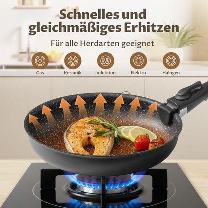 Fadware induction pan set with 20, 24, and 28 cm non-stick frying pans. Removable handle, suitable for all hob types. PFOA and PFAS free, oven safe, easy to clean, great for camping.