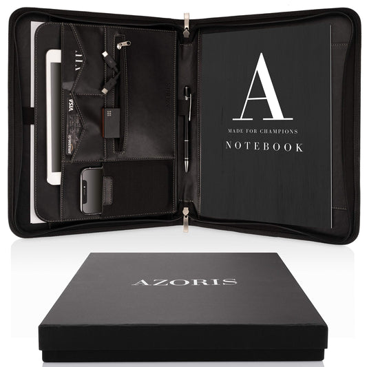 AZORIS PREMIUM® A4 premium folder with double zipper and 13-inch tablet compartment, professional faux leather conference folder for men and women.